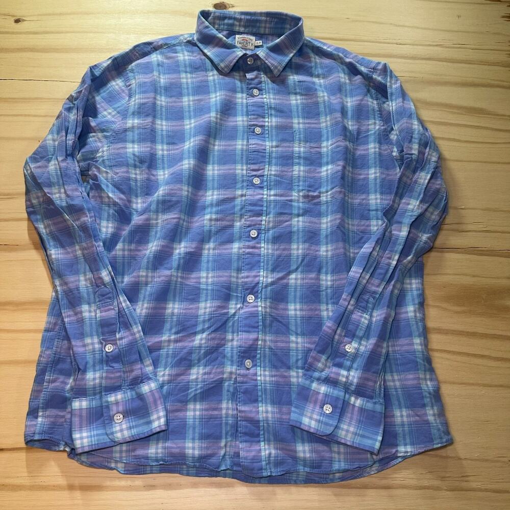 Faherty Cotton Linen Blend Long Sleeve BluebPlaid Button Down Shirt Men's XL